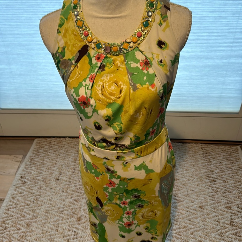 BNWOT  Beautiful and elegant Floral Sleeveless Dress with Beaded Neckline